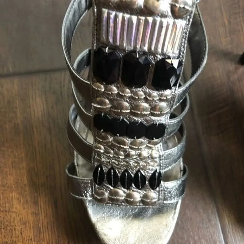 BCBG Platform Sandals, Silver, Patent leather, Embellished, Florescent  beads